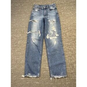 American Eagle Curvy Mom Jean Women's Distressed Blue Denim Stretch Size 2